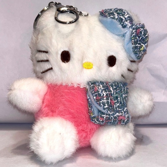 Other - Kawaii Cat Plush Keychain Blue Tweed Bow Purse Charm 4" Cute